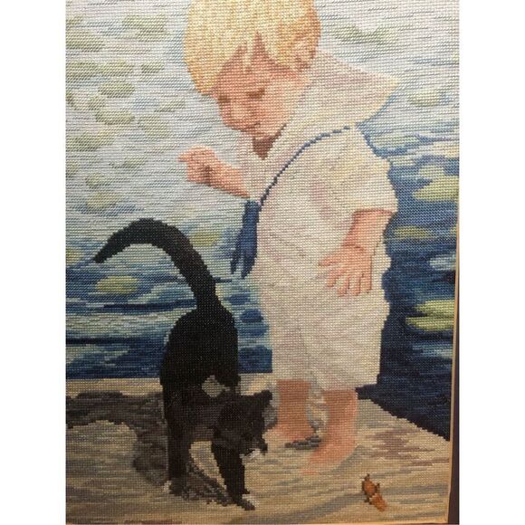 Finished and Framed Cross Stitch Janlynn Cross Stitch "Boy With Cat" 21” x 17” - Picture 4 of 11